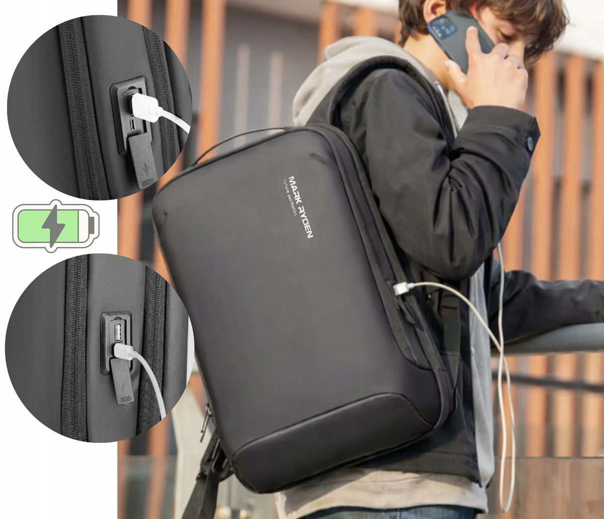 Juoda vandeniui atspari sutvirtinta kuprinė nešiojamajam kompiuteriui iki 15,6 colio su USB jungtimis „Mark Ryden“
