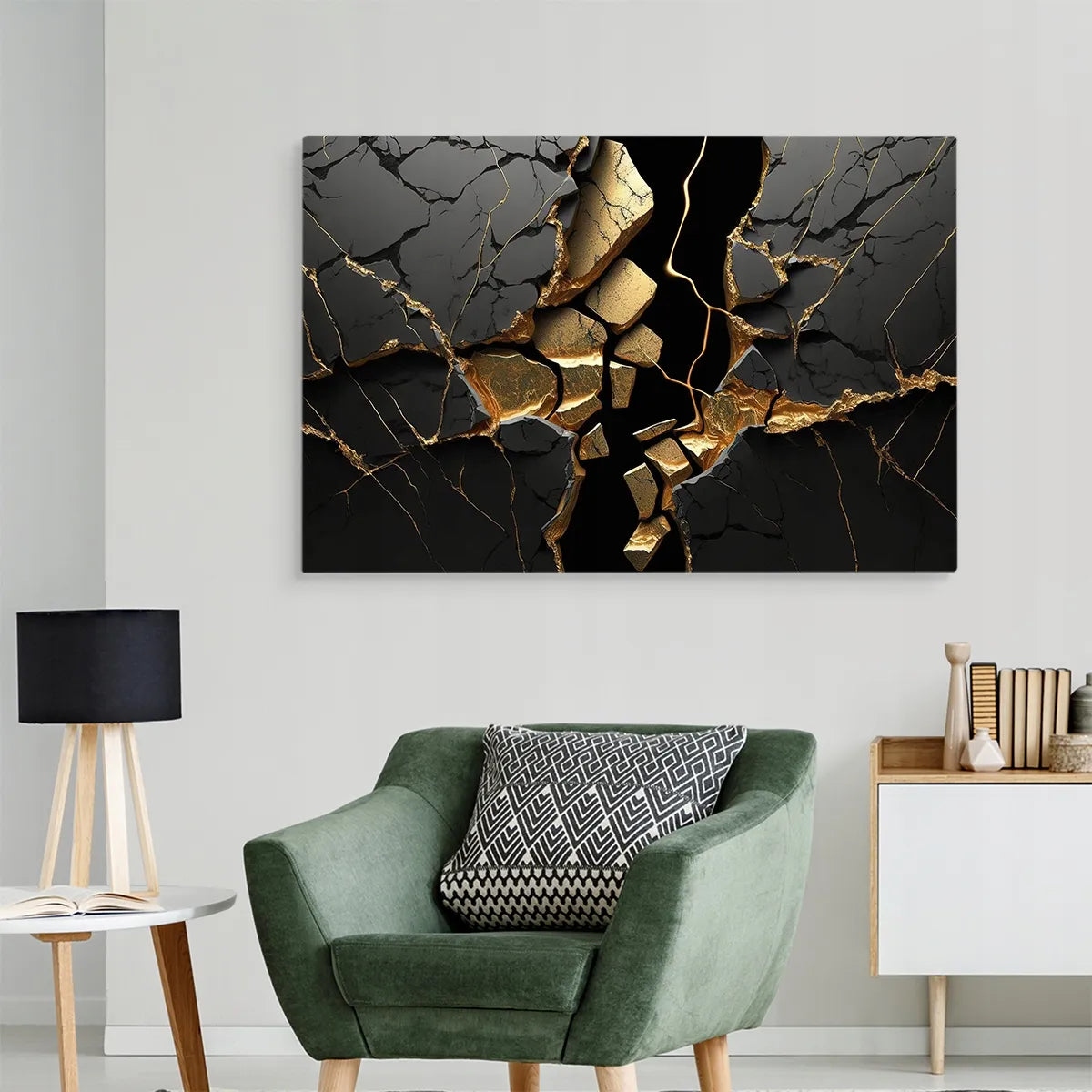 Juodai auksinis marmuro abstraktus paveikslas ant drobės svetainei, 120 × 80 cm