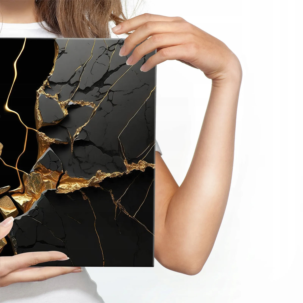 Juodai auksinis marmuro abstraktus paveikslas ant drobės svetainei, 120 × 80 cm