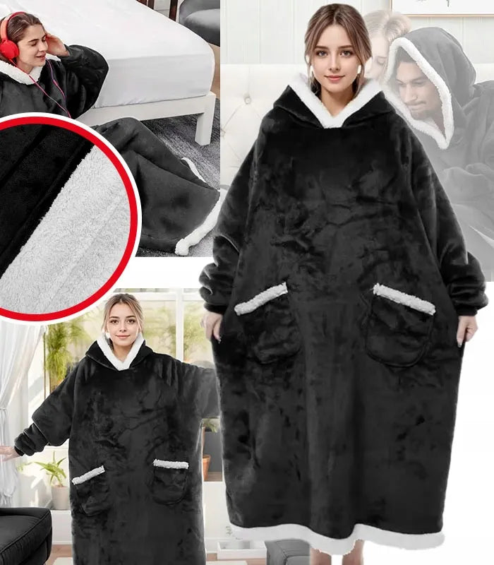 Juodas ilgas flisinis megztinis-antklodė pončo tipo su gobtuvu, kišenėmis, oversize