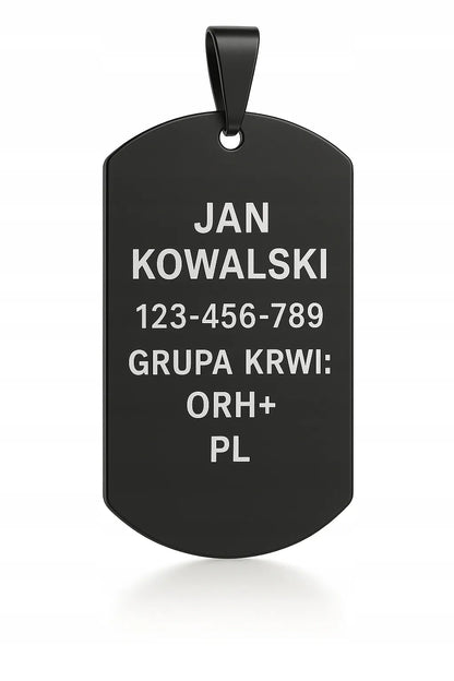 Juodoji vyriška grandinėlė su žetonu iš 316L chirurginio plieno su graviravimu