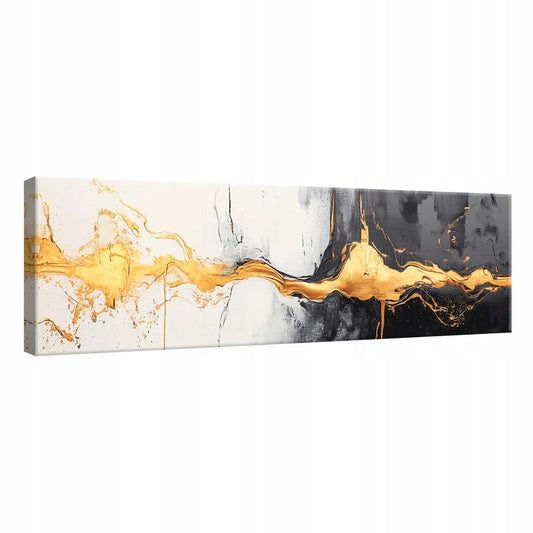 Juodos ir auksinės abstrakcijos paveikslas ant drobės svetainei, miegamajam ir virtuvei, XXL, 145 x 45 cm