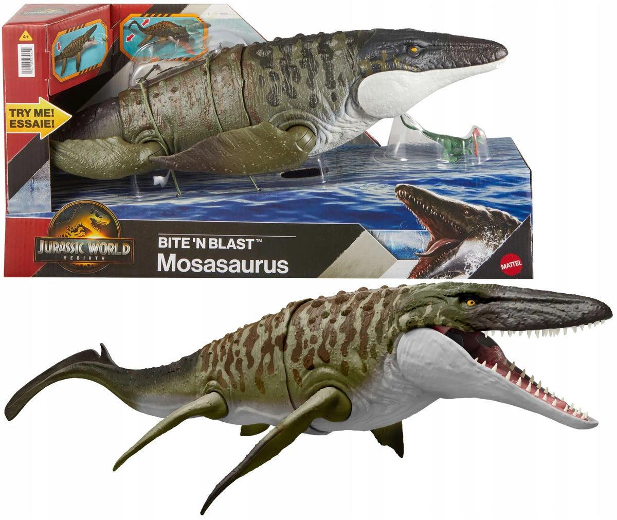 Jurassic World Rebirth didelė dinozauro figūrėlė – mosazauro puolimas nasrais, 65 cm