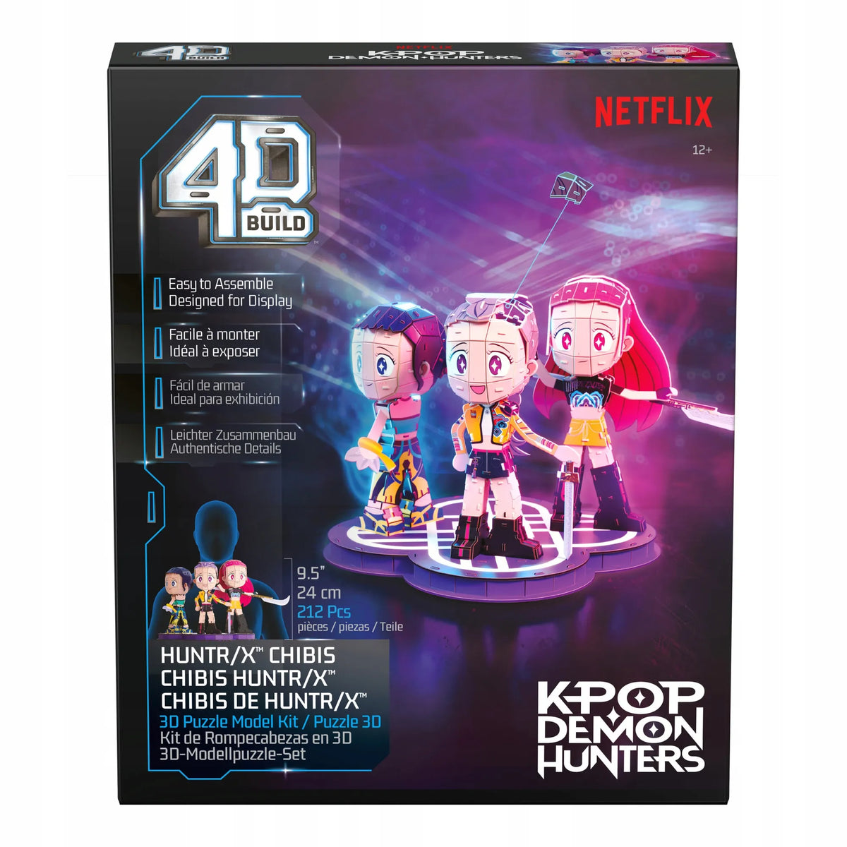 „K-Pop Demon Hunters“ 4D dėlionė „Huntrix“ Rumi, Mira ir Zoey, 3D modeliui surinkti, 212 detalių