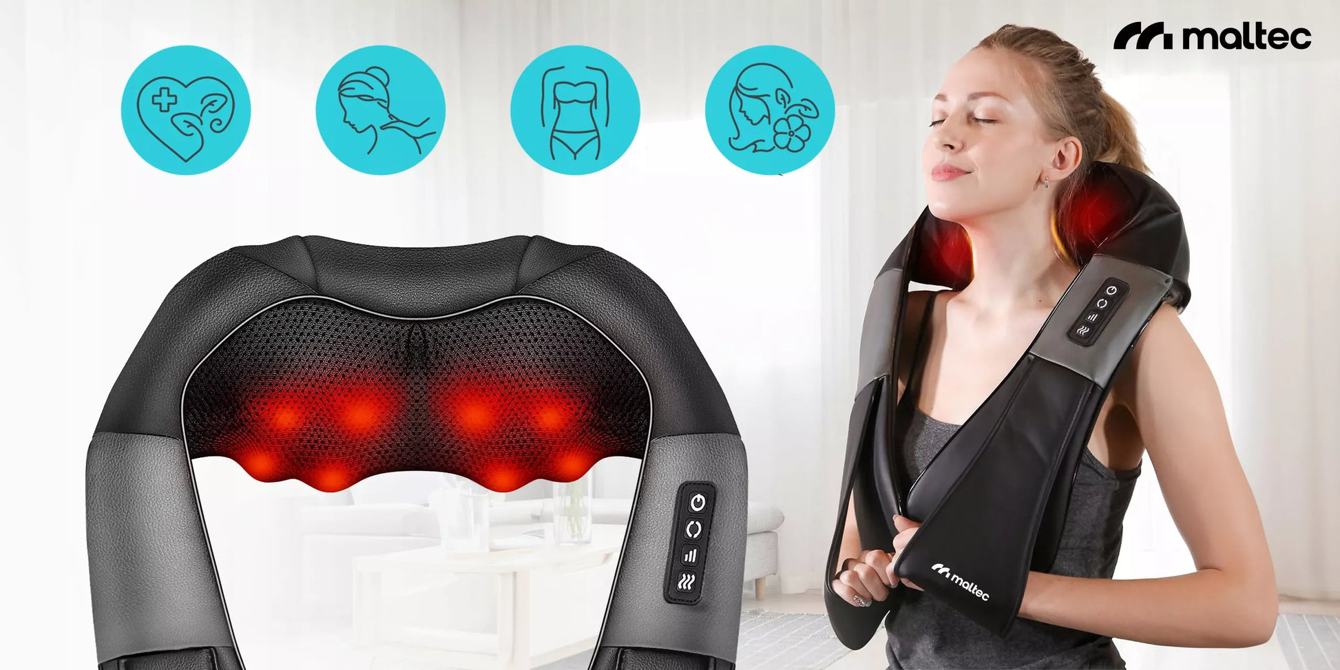 Kaklo, nugaros ir kūno masažuoklis MalTec PRO-Comfy30W-02 Shiatsu su šildymo funkcija