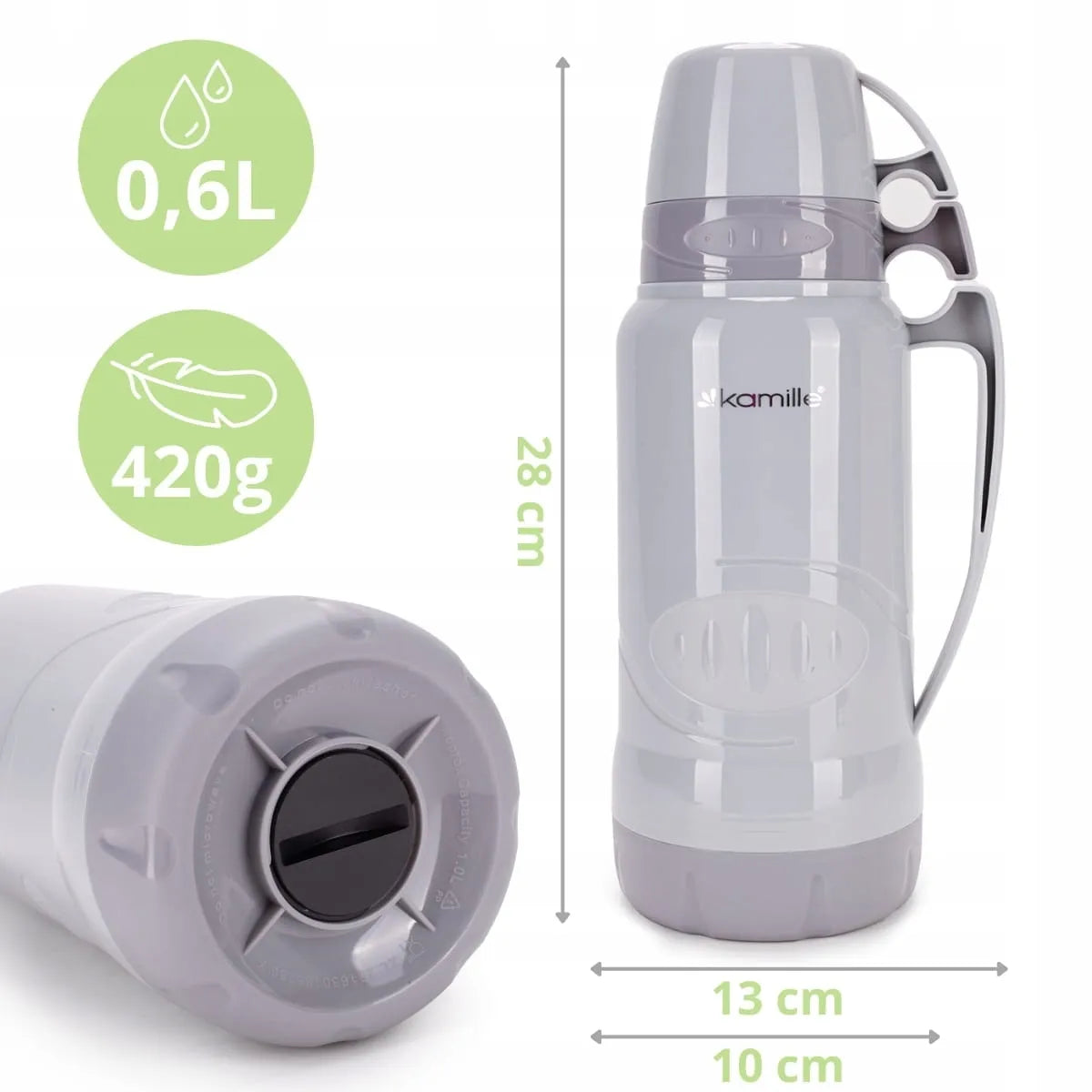 Kamille termosas su stikline kolba, rankena ir puodeliais 600 ml
