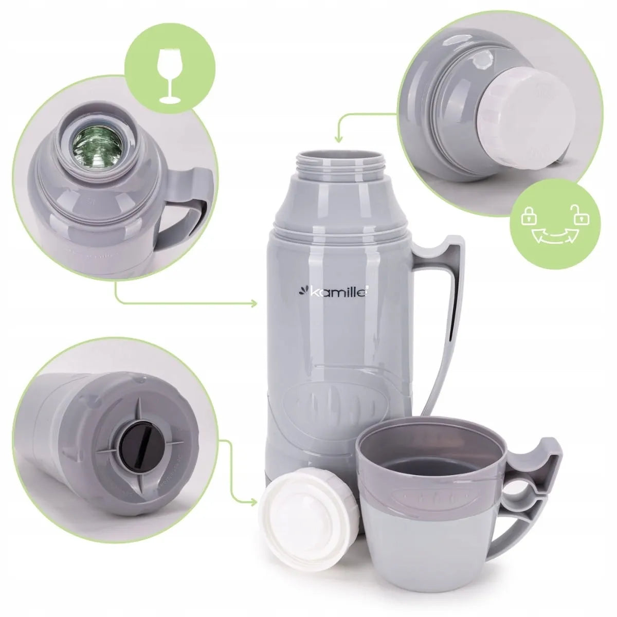 Kamille termosas su stikline kolba, rankena ir puodeliais 600 ml