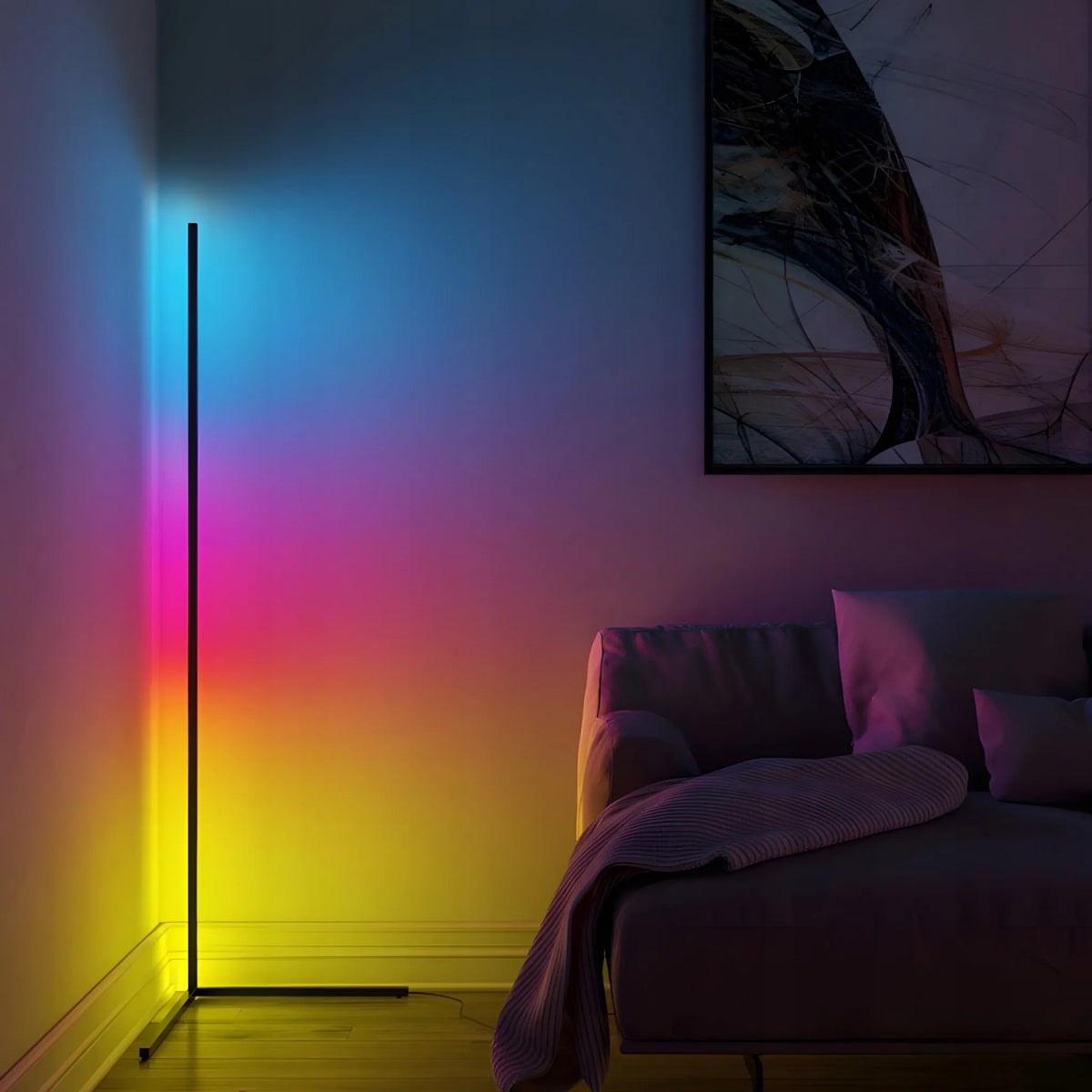Kampinė pastatoma RGB LED grindų lempa RETOO su nuotolinio valdymo pulteliu, programėle ir muzikos jutikliu, 140 cm