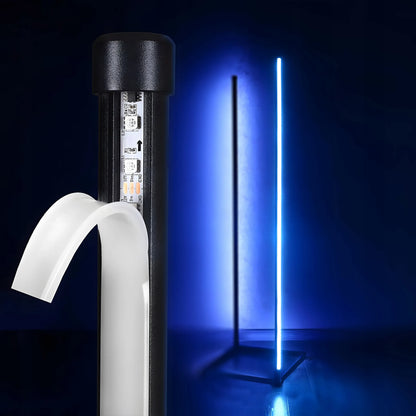 Kampinė pastatoma RGB LED grindų lempa RETOO su nuotolinio valdymo pulteliu, programėle ir muzikos jutikliu, 140 cm