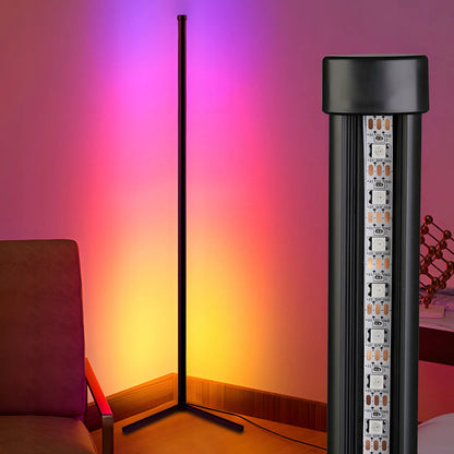 Kampinė pastatoma RGB LED grindų lempa RETOO su nuotolinio valdymo pulteliu, programėle ir muzikos jutikliu, 140 cm