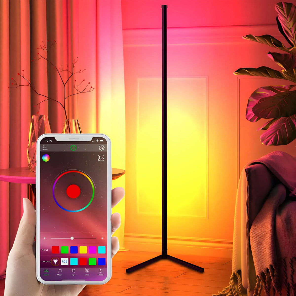 Kampinė pastatoma RGB LED grindų lempa RETOO su nuotolinio valdymo pulteliu, programėle ir muzikos jutikliu, 140 cm