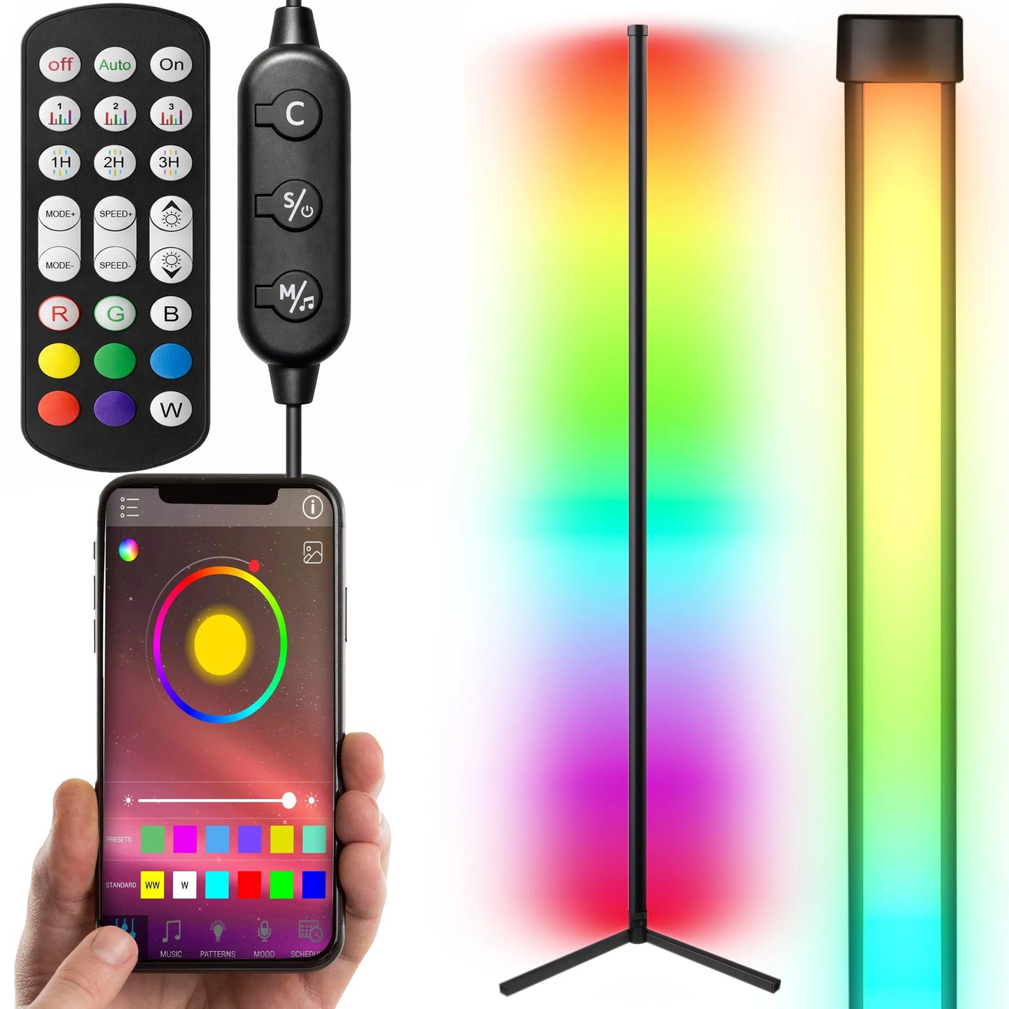 Kampinė pastatoma RGB LED grindų lempa RETOO su nuotolinio valdymo pulteliu, programėle ir muzikos jutikliu, 140 cm