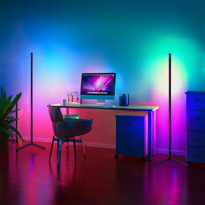 Kampinė pastatoma RGB LED grindų lempa RETOO su nuotolinio valdymo pulteliu, programėle ir muzikos jutikliu, 140 cm