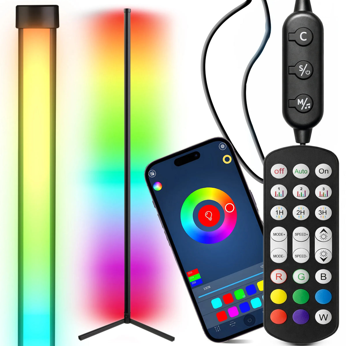 Kampinė pastatoma RGB LED grindų lempa RETOO su nuotolinio valdymo pulteliu, programėle ir muzikos jutikliu, 140 cm