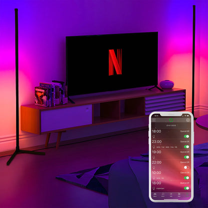 Kampinė pastatoma RGB LED grindų lempa RETOO su nuotolinio valdymo pulteliu, programėle ir muzikos jutikliu, 140 cm
