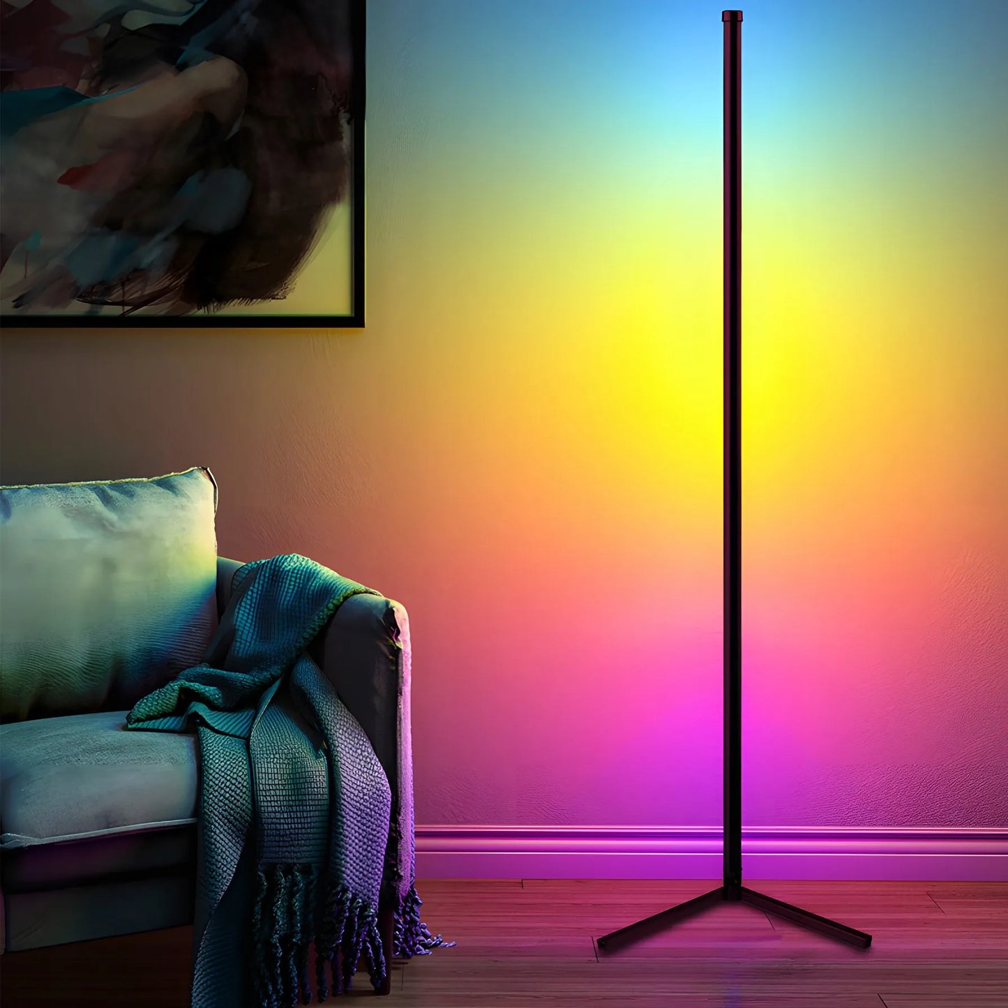 Kampinė pastatoma RGB LED grindų lempa RETOO su nuotolinio valdymo pulteliu, programėle ir muzikos jutikliu, 140 cm