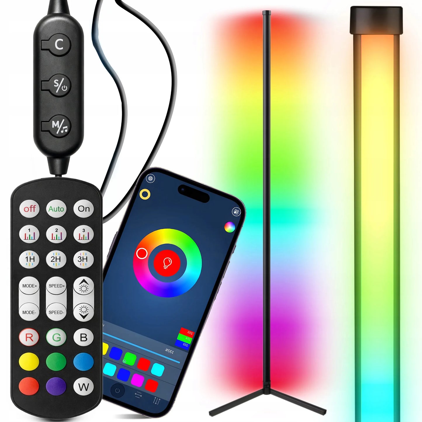 Kampinė pastatoma RGB LED grindų lempa RETOO su nuotolinio valdymo pulteliu, programėle ir muzikos jutikliu, 140 cm