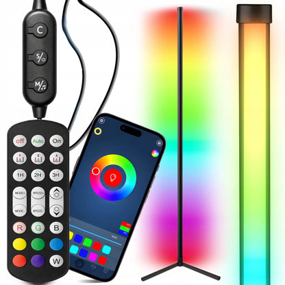 Kampinė pastatoma RGB LED grindų lempa RETOO su nuotolinio valdymo pulteliu, programėle ir muzikos jutikliu, 140 cm