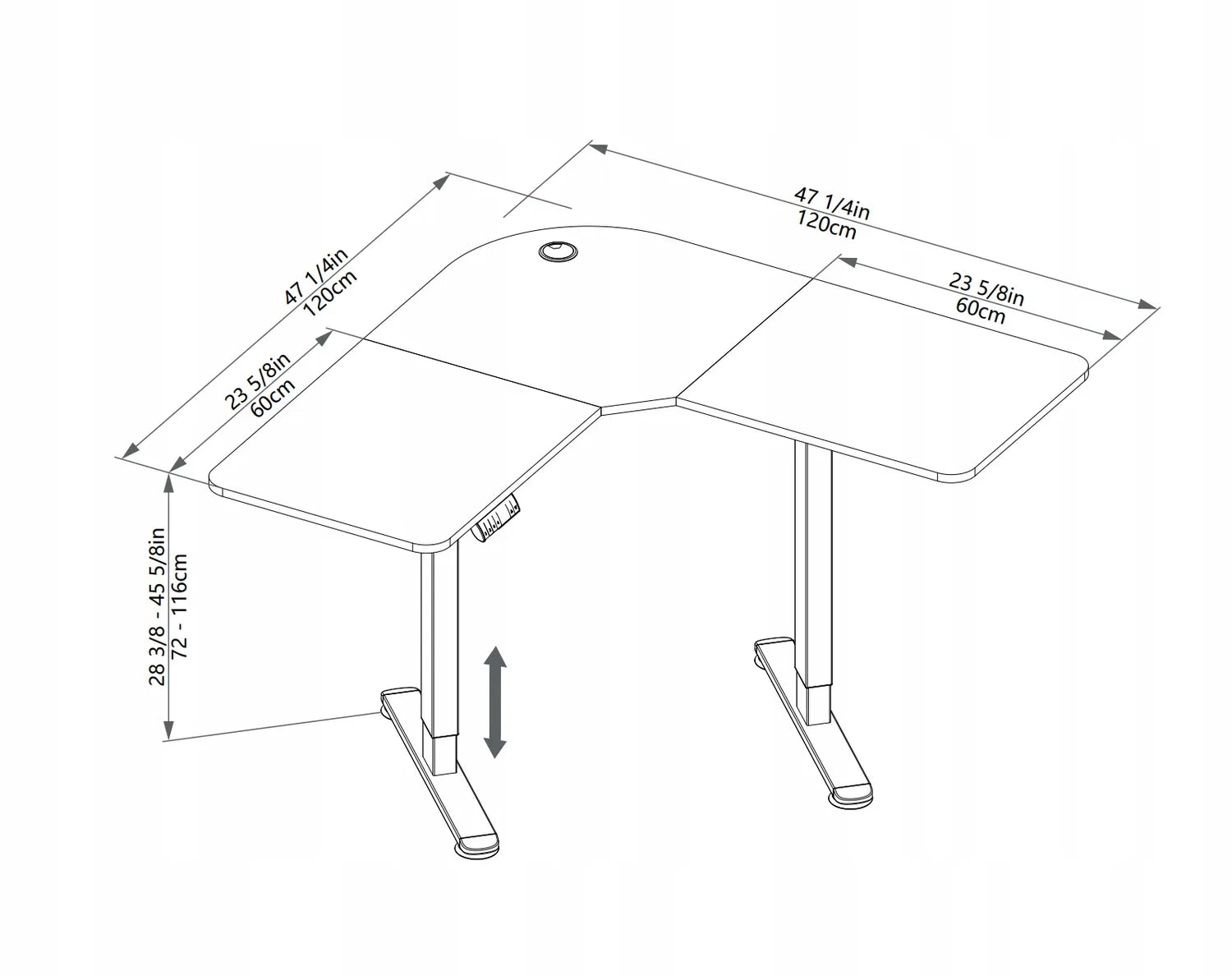 Kampinis stalas Triadyn WorkBase 1206L su elektriniu aukščio reguliavimu 120x120 cm, šviesus ąžuolas