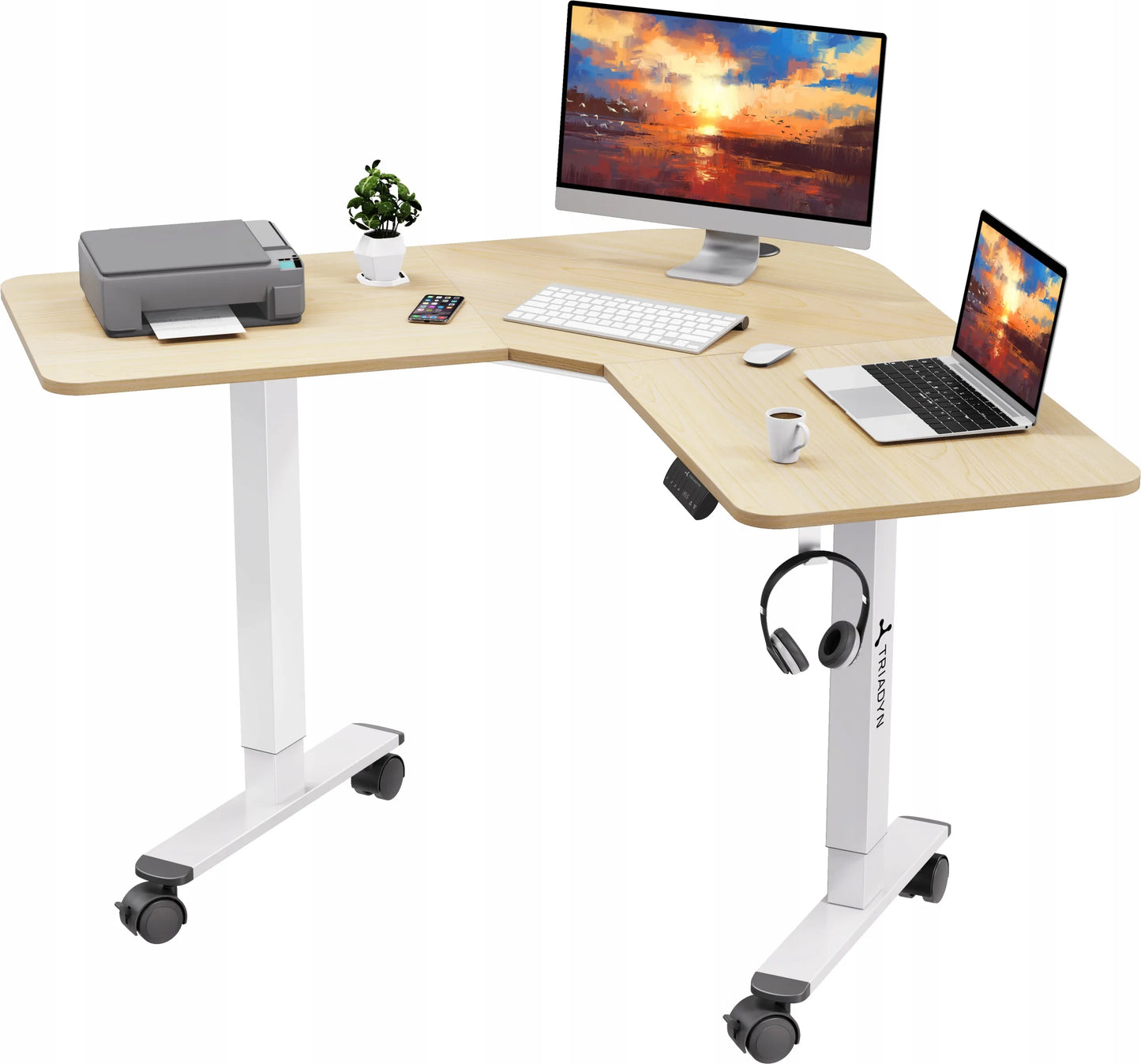 Kampinis stalas Triadyn WorkBase 1206L su elektriniu aukščio reguliavimu 120x120 cm, šviesus ąžuolas