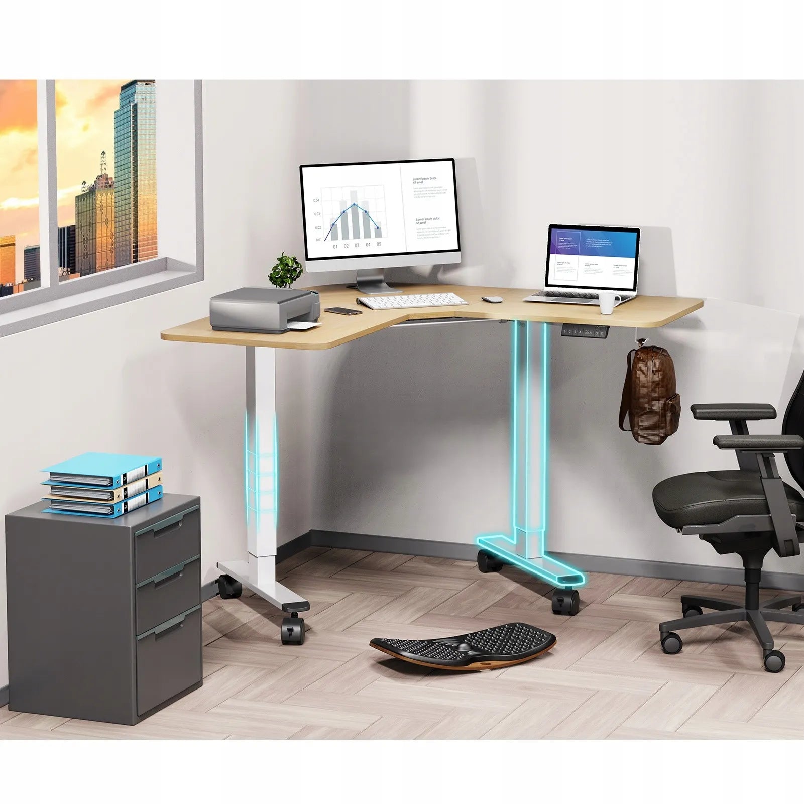 Kampinis stalas Triadyn WorkBase 1206L su elektriniu aukščio reguliavimu 120x120 cm, šviesus ąžuolas