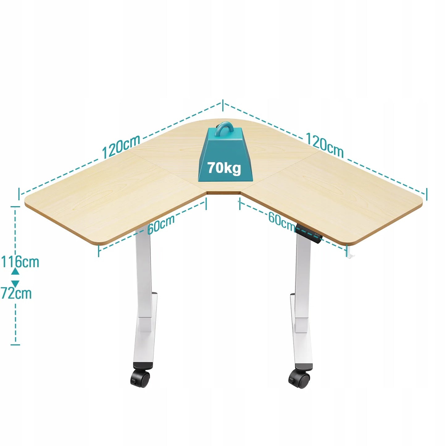 Kampinis stalas Triadyn WorkBase 1206L su elektriniu aukščio reguliavimu 120x120 cm, šviesus ąžuolas