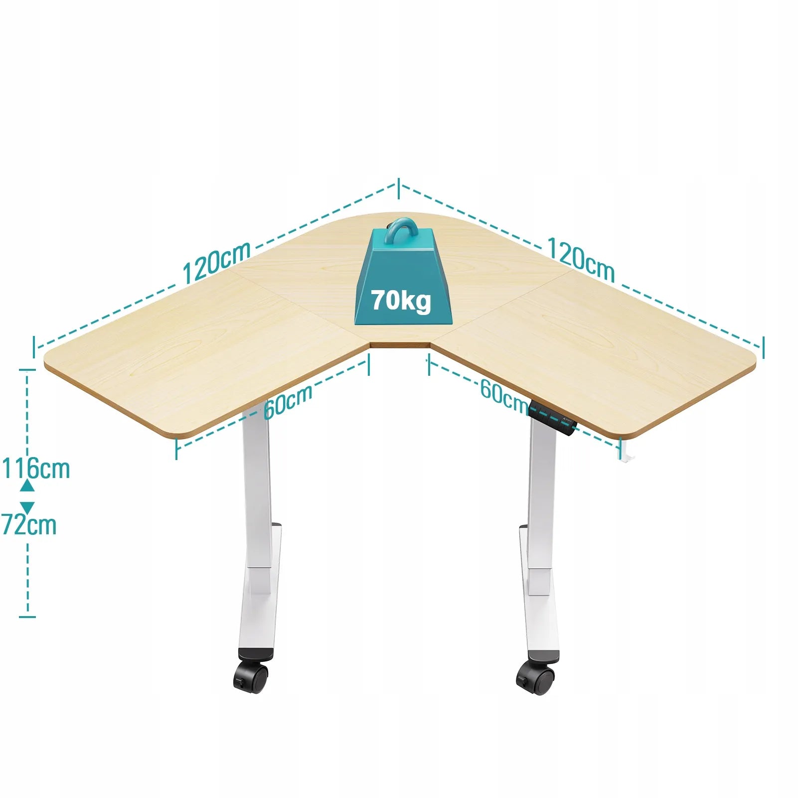 Kampinis stalas Triadyn WorkBase 1206L su elektriniu aukščio reguliavimu 120x120 cm, šviesus ąžuolas