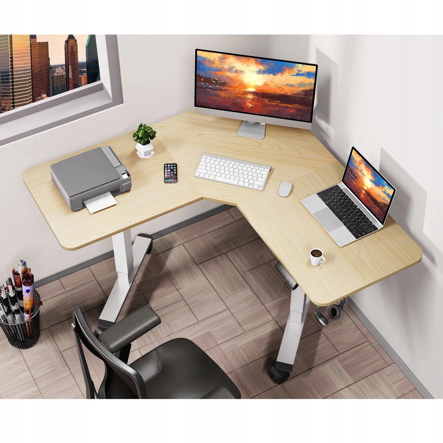 Kampinis stalas Triadyn WorkBase 1206L su elektriniu aukščio reguliavimu 120x120 cm, šviesus ąžuolas