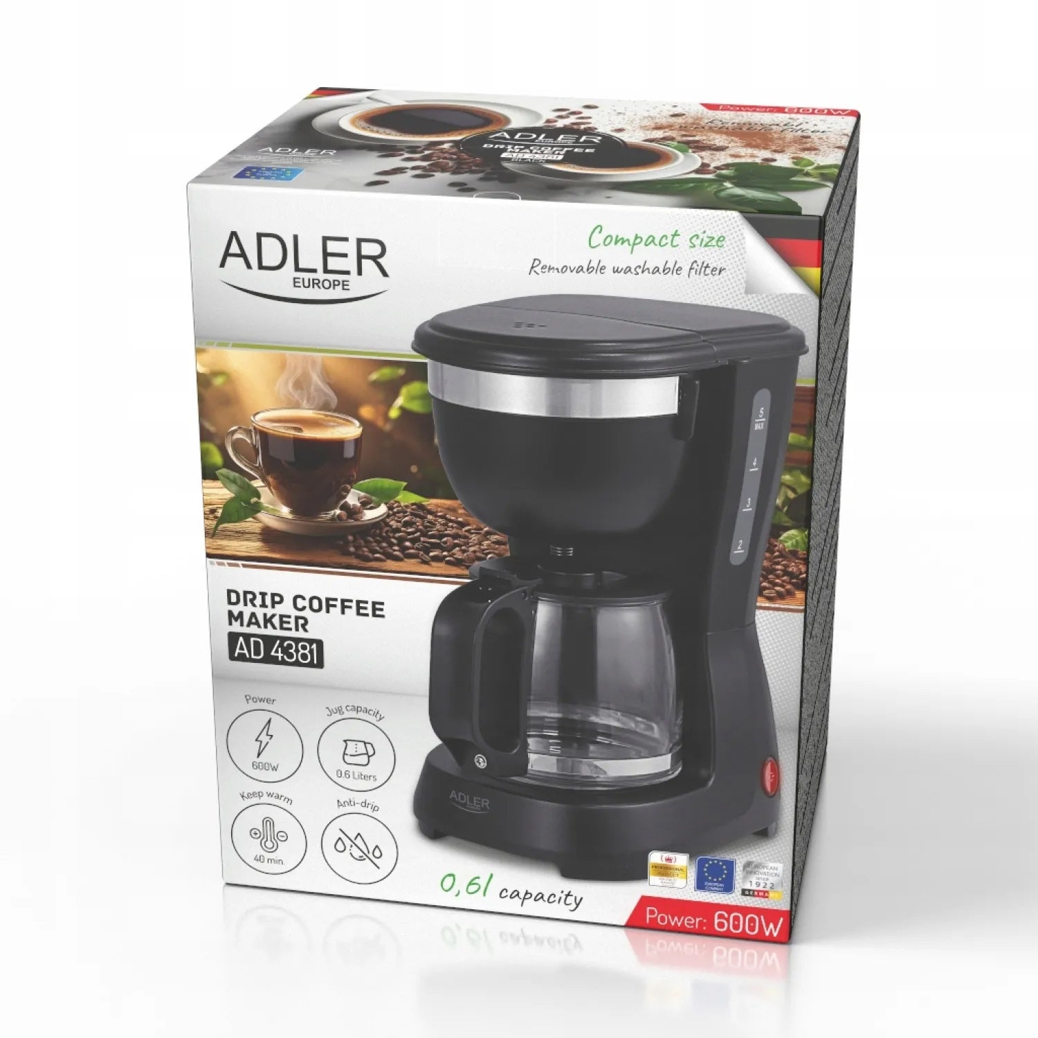 Kavos virimo aparatas Adler AD 4381 Black, 0,6 l, 600 W, stiklinis ąsotis