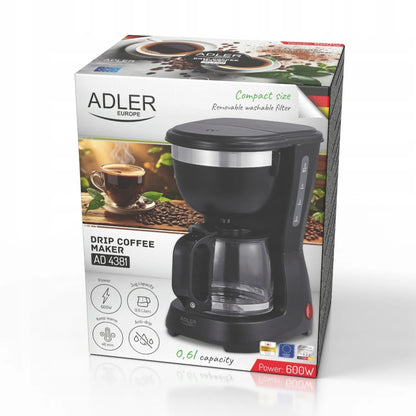 Kavos virimo aparatas Adler AD 4381 Black, 0,6 l, 600 W, stiklinis ąsotis