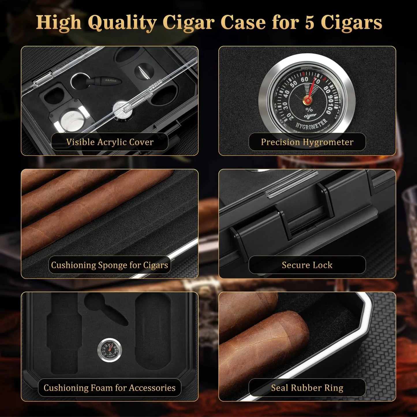 Keliaujantis cigarų humidoras 5 cigarams su higrometru, kedrinis, kompaktiškas