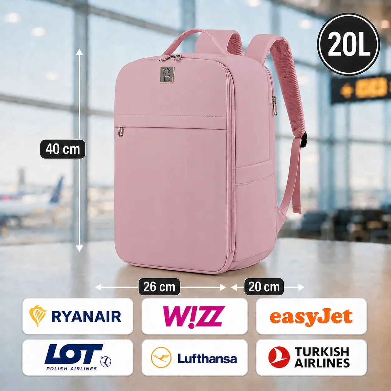 Kelioninė kuprinė lėktuvui 40x26x20 cm, rankinis bagažas Ryanair Wizz Air, rožinė