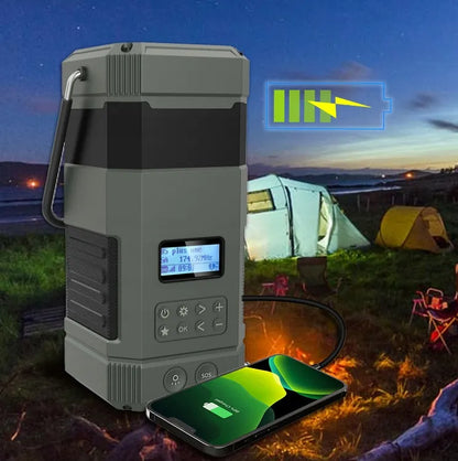 KEMPINGINIS žibintas su RADIJU, POWERBANK, BT GARSIAKALBIU, SAULĖS baterija, SOS 6in1 ir rankine įkrovimo svirtimi