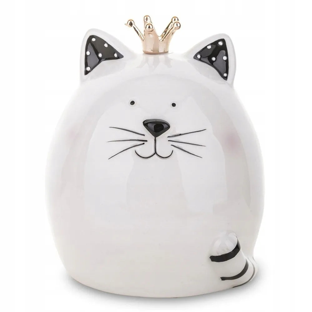 Keraminė taupyklė katė 12cm balta juoda auksinė su karūna