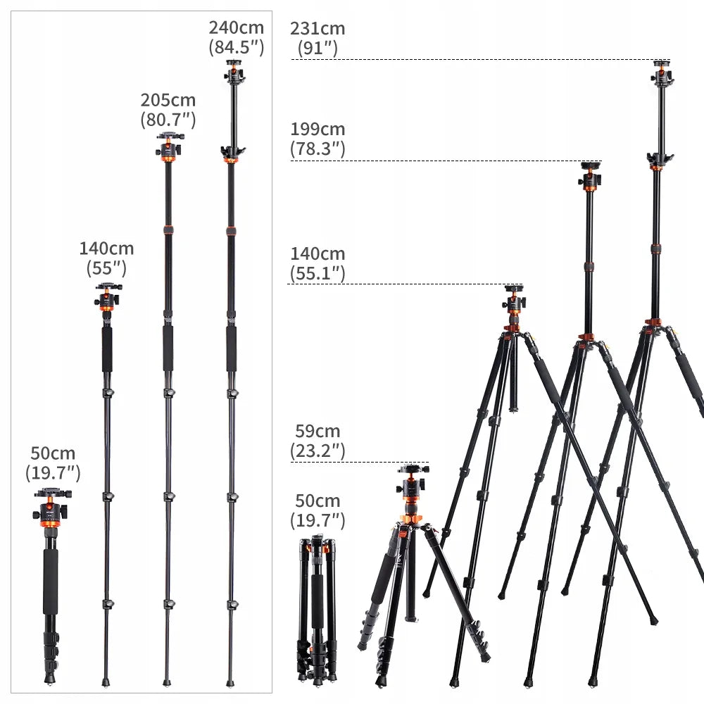 K&F Concept K234A7+FH-03 aliuminio ir magnio trikojis stovas, 231 cm, su horizontalia kolona