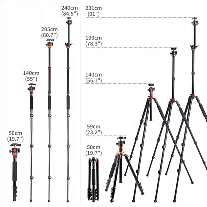 K&F Concept K234A7+FH-03 aliuminio ir magnio trikojis stovas, 231 cm, su horizontalia kolona