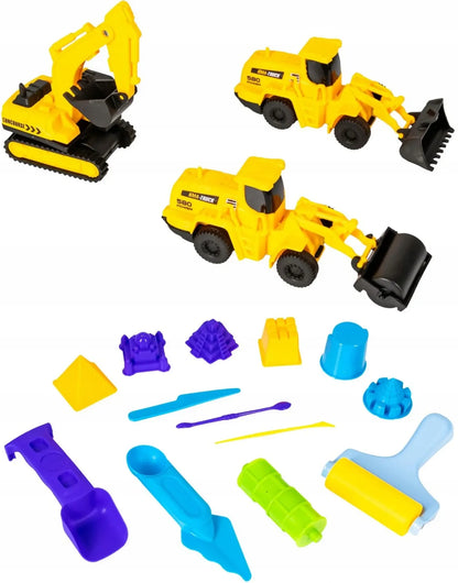 Kinetinio smėlio rinkinys 1,5 kg – statybų aikštelė su ekskavatoriais, transporto priemonėmis ir lagaminu