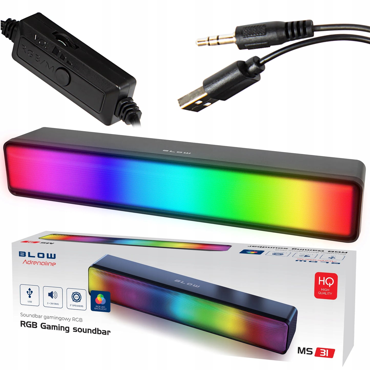 Kompiuterio garsiakalbiai 2.0 BLOW žaidimų garso juosta LED RGB spalvos USB 5V