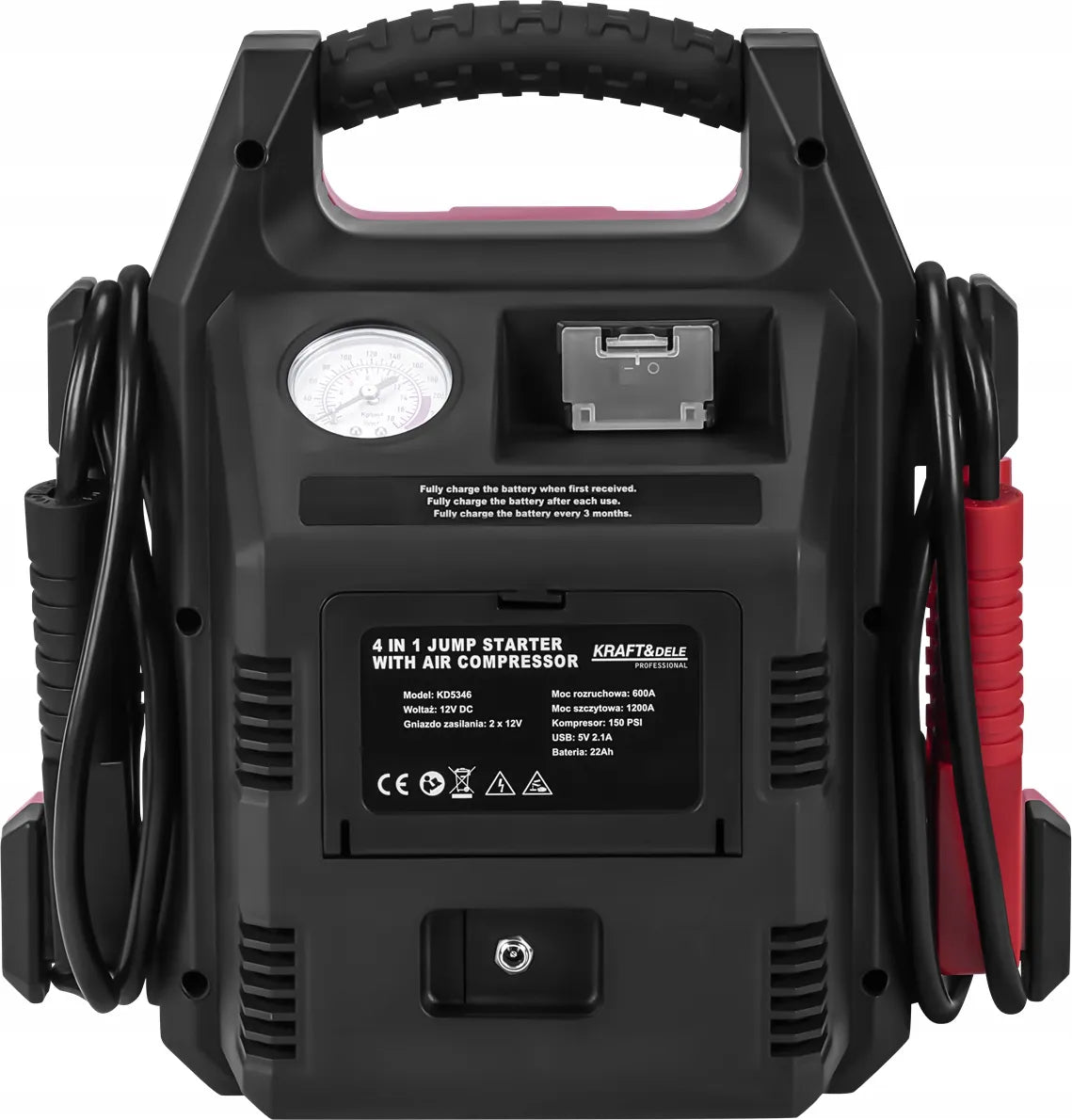 Kraft&Dele KD5346 4 viename automobilinis paleidimo įrenginys, 1200/600 A, 22 Ah, 12 V, su LED apšvietimu ir kompresoriumi
