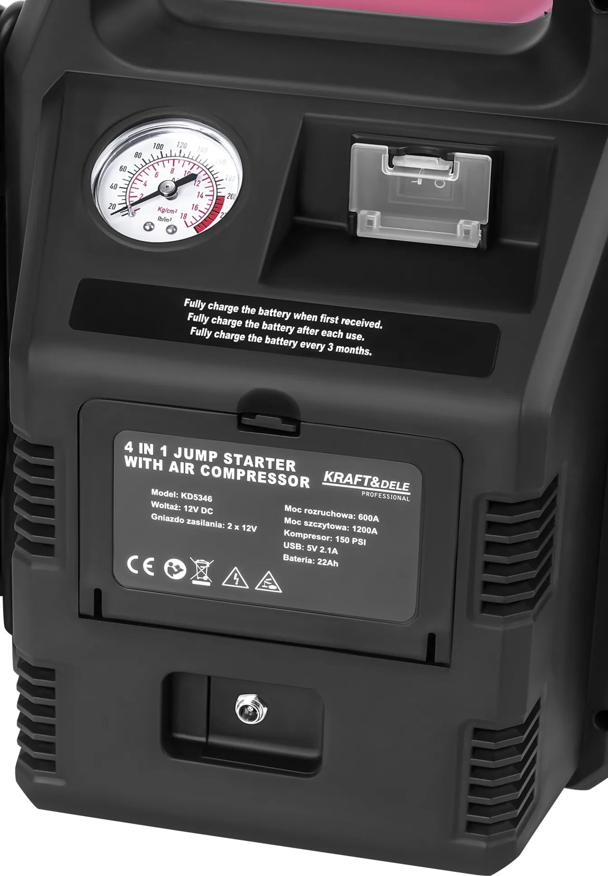 Kraft&Dele KD5346 4 viename automobilinis paleidimo įrenginys, 1200/600 A, 22 Ah, 12 V, su LED apšvietimu ir kompresoriumi