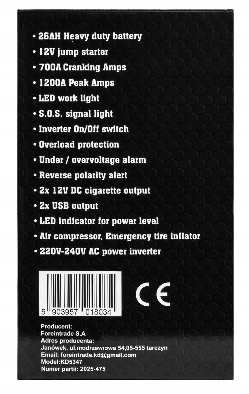 Kraft&Dele KD5347 užvedimo įrenginys, 12 V, 26 Ah, 1200/700 A, su inverteriu