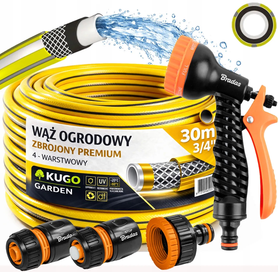KUGOgarden sodo žarna 3/4" 30m, 4 sluoksnių, Premium komplektas su pistoletu Bradas