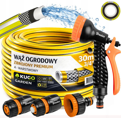 KUGOgarden sodo žarna 3/4" 30m, 4 sluoksnių, Premium komplektas su pistoletu Bradas