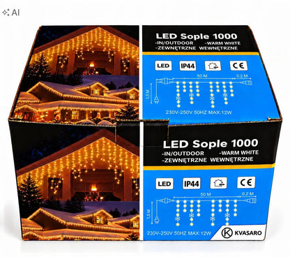 Kvasaro 1000 LED lauko šviesos užuolaida-varvekliai, IP44, šilta ir šalta balta šviesa, mirksėjimo efektas, 50 m