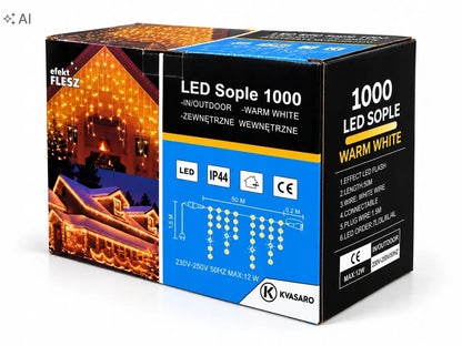 Kvasaro 1000 LED lauko šviesos užuolaida-varvekliai, IP44, šilta ir šalta balta šviesa, mirksėjimo efektas, 50 m