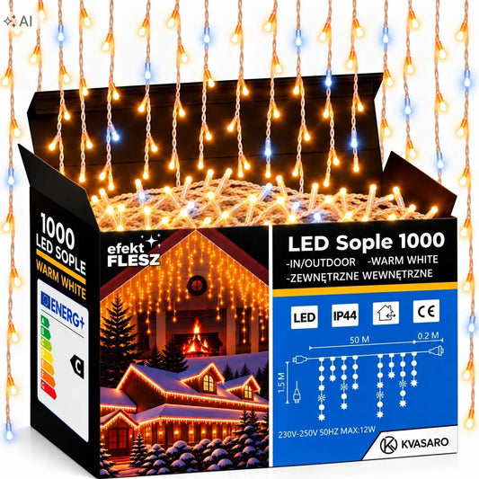 Kvasaro 1000 LED lauko šviesos užuolaida-varvekliai, IP44, šilta ir šalta balta šviesa, mirksėjimo efektas, 50 m