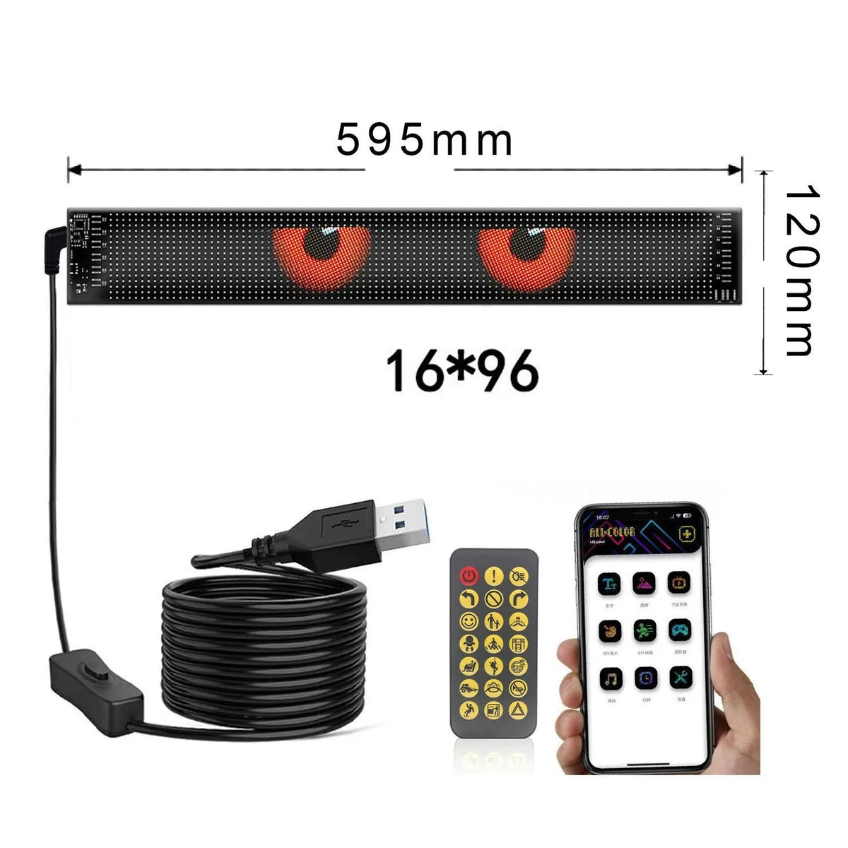 Lankstus LED ekranas sunkvežimiui 60 × 12 cm, „Velnio akys“, valdoma programėle