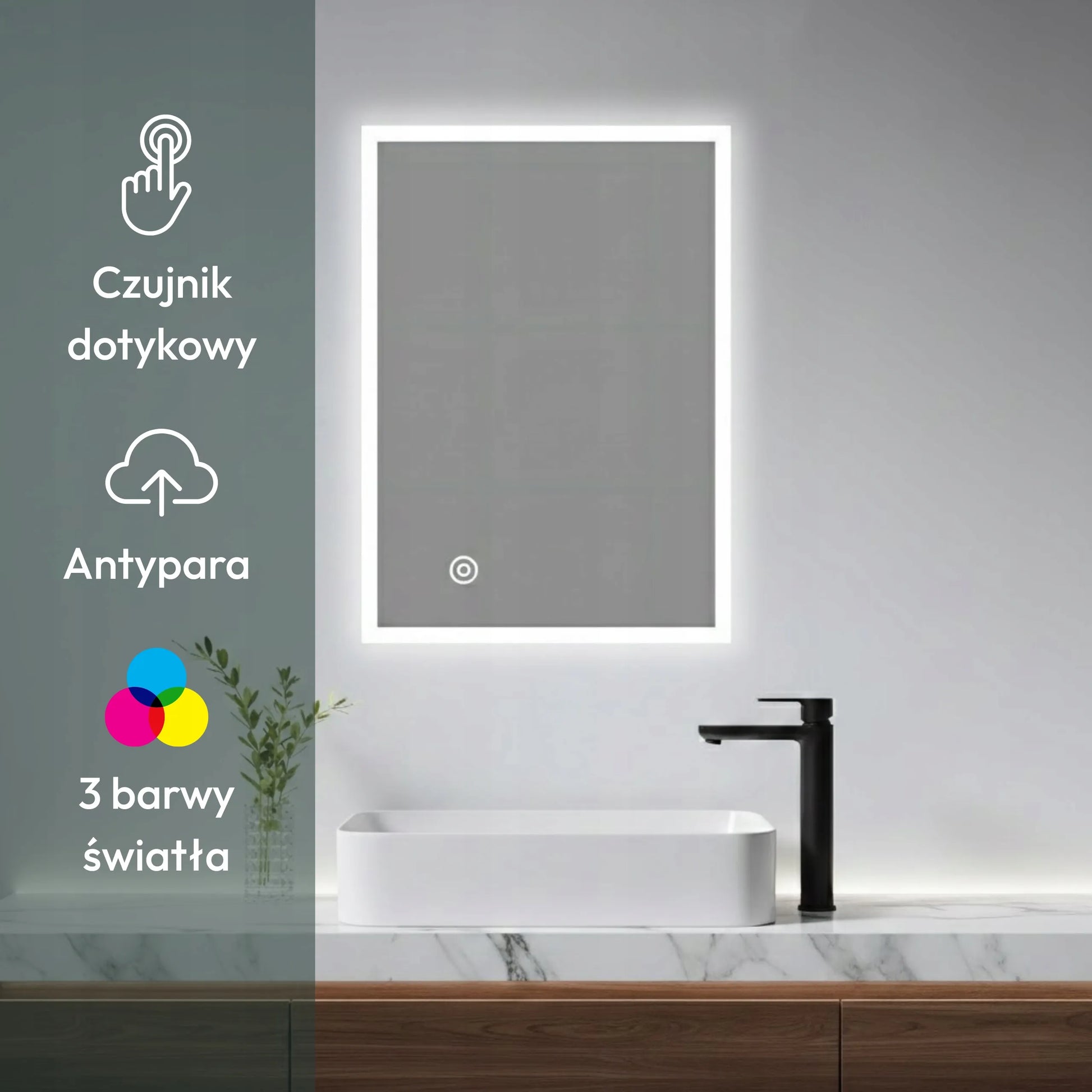 LED apšviečiamas vonios veidrodis 60x80 cm jutiklinis su rasojimo apsauga
