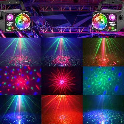 LED disko šviestuvas vakarėliams, RGB lazerio ir disko rutulio efektai, nuotolinio valdymo pultas, 4 viename
