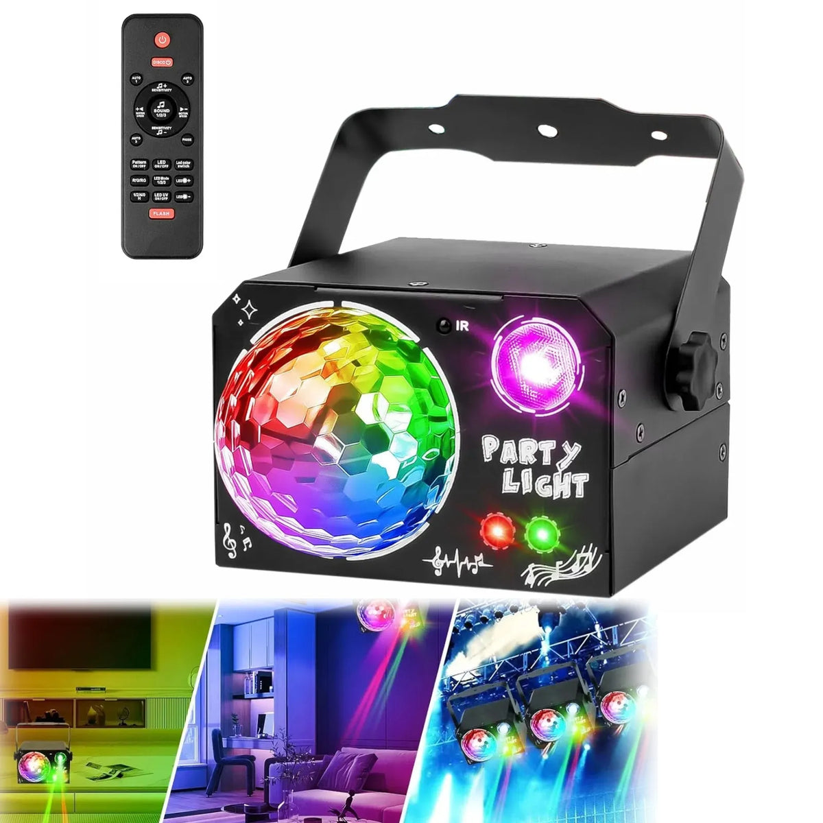 LED disko šviestuvas vakarėliams, RGB lazerio ir disko rutulio efektai, nuotolinio valdymo pultas, 4 viename